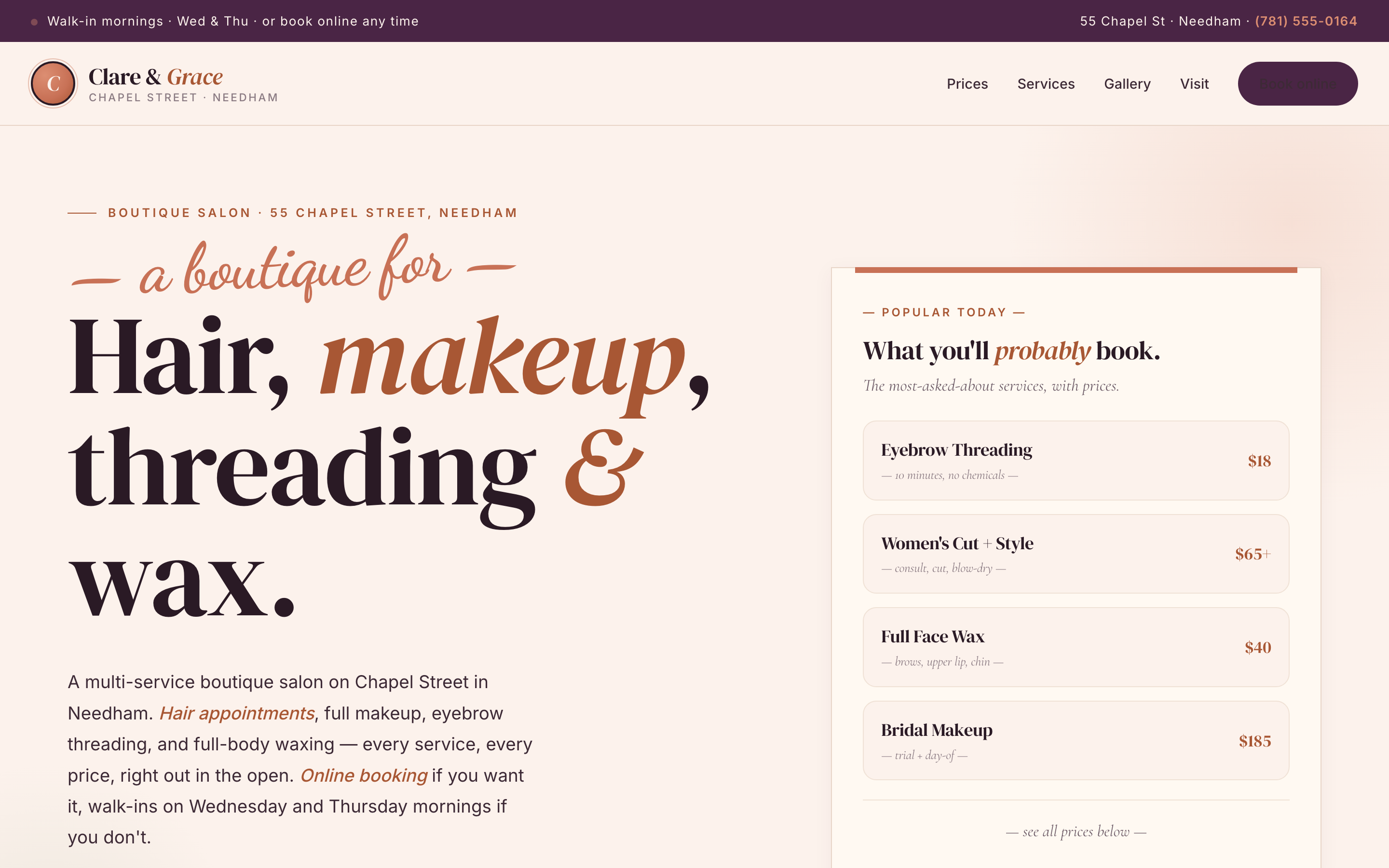 Sample website for Clare & Grace Salon