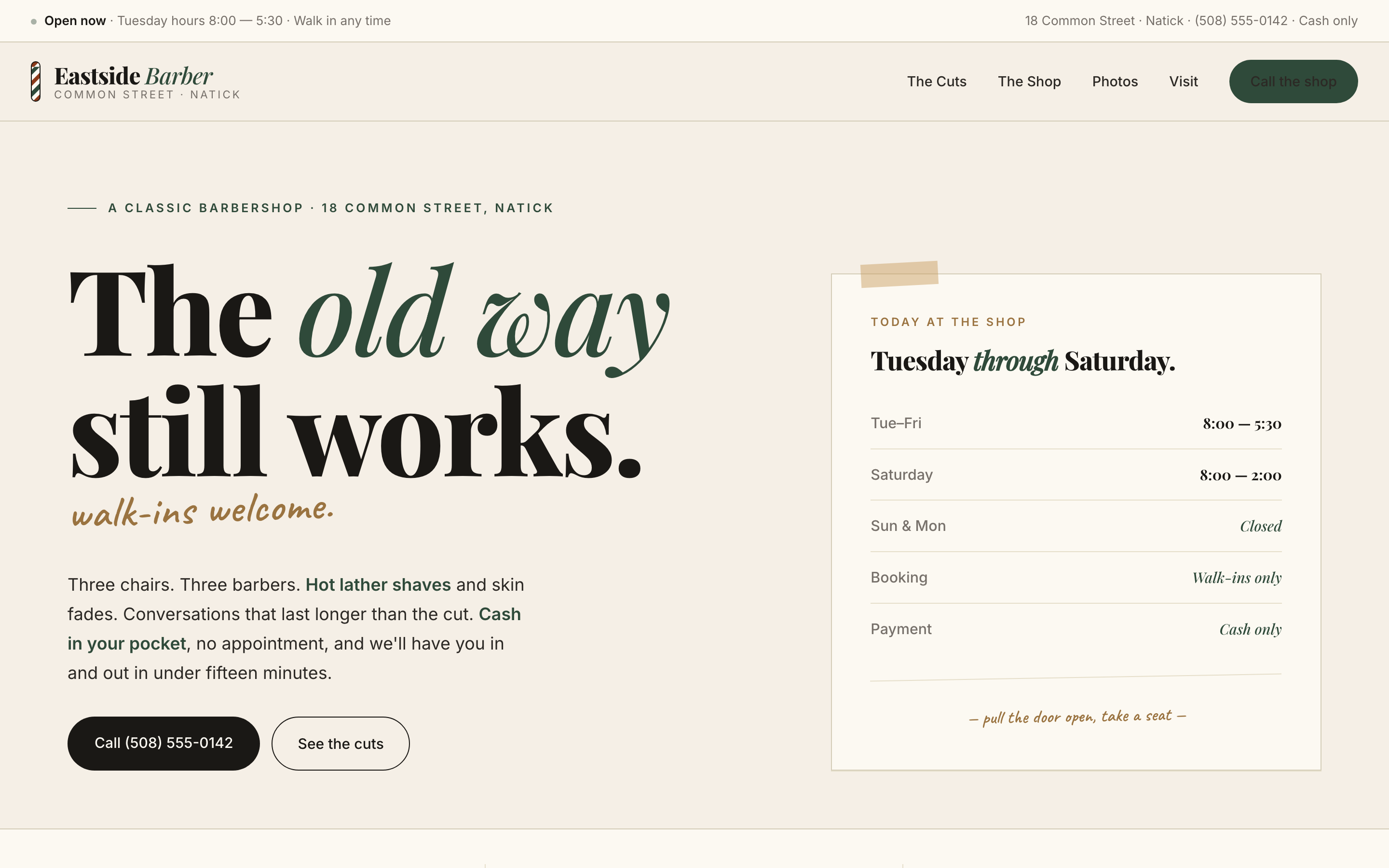 A sample barbershop website built by Re:Site Studio